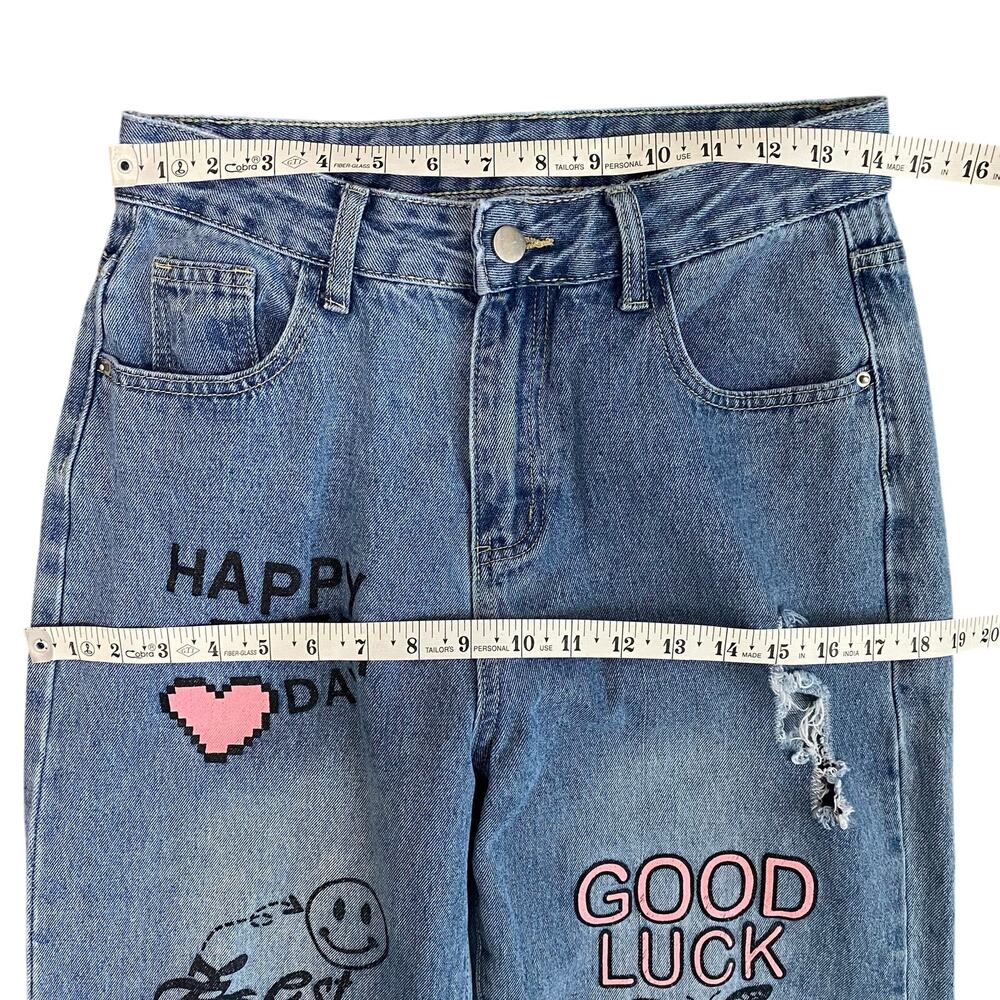 Y2K Coquette Graffiti Jeans Heart Butterfly Distressed Denim Size M Wide Leg - Picture 5 of 8